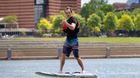 A Lift eFoil surfer on the Tennessee River.