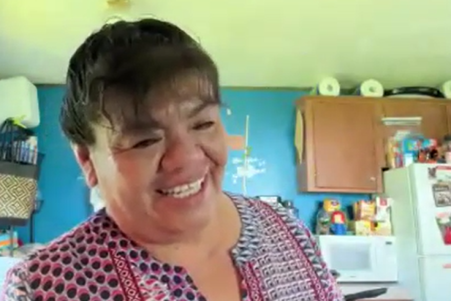 A screen capture shows Dolores Bustamante speaking to reporters via Zoom on Thursday, May 28, 2026, from her home outside Wolcott in Wayne County, New York,