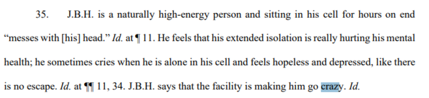 Sworn statements from teenagers alleging misconduct at the Knox County Juvenile Detention Center. The statement reads: "J.B.H. is a naturally high-energy person and sitting in his cell for hours 'messes with [his] head.' He feels that his extended isolation is really hurting his mental health; he sometimes cries when he is alone in his cell and feels hopeless and depressed, like there is no escape. J.B.H. says that the facility is making him go crazy."