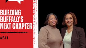 Background from left to right: red, then a vertical, thick white stripe in the middle, then black. from left to right: WN logo in the top corner, "BUILDING BUFFALO'S NEXT CHAPTER" in white text and  "#310" in black text over the red and, then photos of Dr. Marie Cannon and Trini Ross at the bottom right corner of the image over the black.
