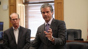 State Sen. Ryan Mishler discussing changes to Indiana’s budget at a press conference on Wednesday, April 23, 2025 in Indianapolis.