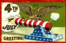 Vintage 4th of July postcard featuring a large eagle with outstretched wings perched on a red-and-white striped cannon barrel with a blue, star-patterned base. Billowing smoke forms the text '4th of July Greeting' on the left.