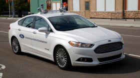 A Ford Fusion development vehicle equipped with autonomous controls, seen at a test facility Tuesday in Ann Arbor, Mich.