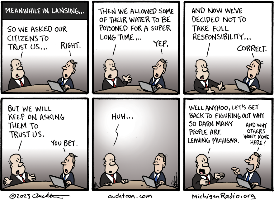 A six frame cartoon of two politicians talking about trust following the Flint Water Crisis