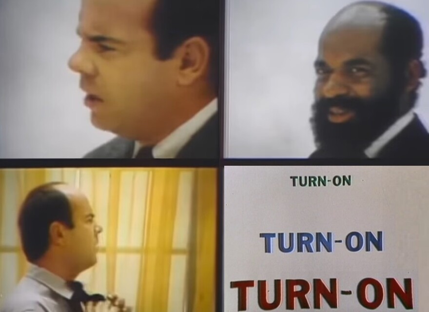 Four frames: Tim Conway, from Willoughby and Chagrin Falls, in the upper left corner. Clevelander Mel Stewart in the upper right corner. Tim Conway adjusting his necktie against a yellow curtain in the bottom left corner. The Words "Turn-On" in green, blue and red in the bottom right corner.