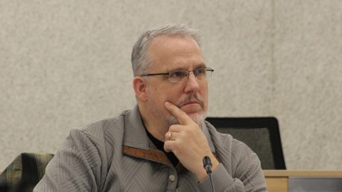 Michael Hicks participates in a Kenai Peninsula Borough Assembly meeting on Tuesday, Feb. 3, 2026 in Soldotna, Alaska.