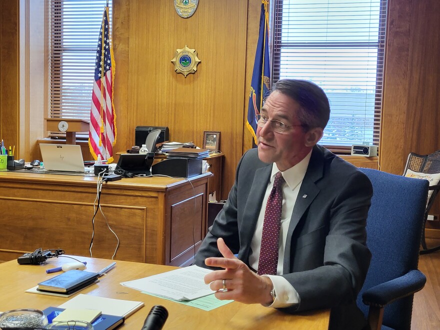 Attorney General Drew Wrigley at a Capitol news conference