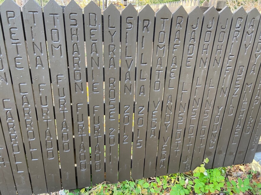 Names on the pickets on the Bridge of Names in Lake Pleasant, Massachusetts.