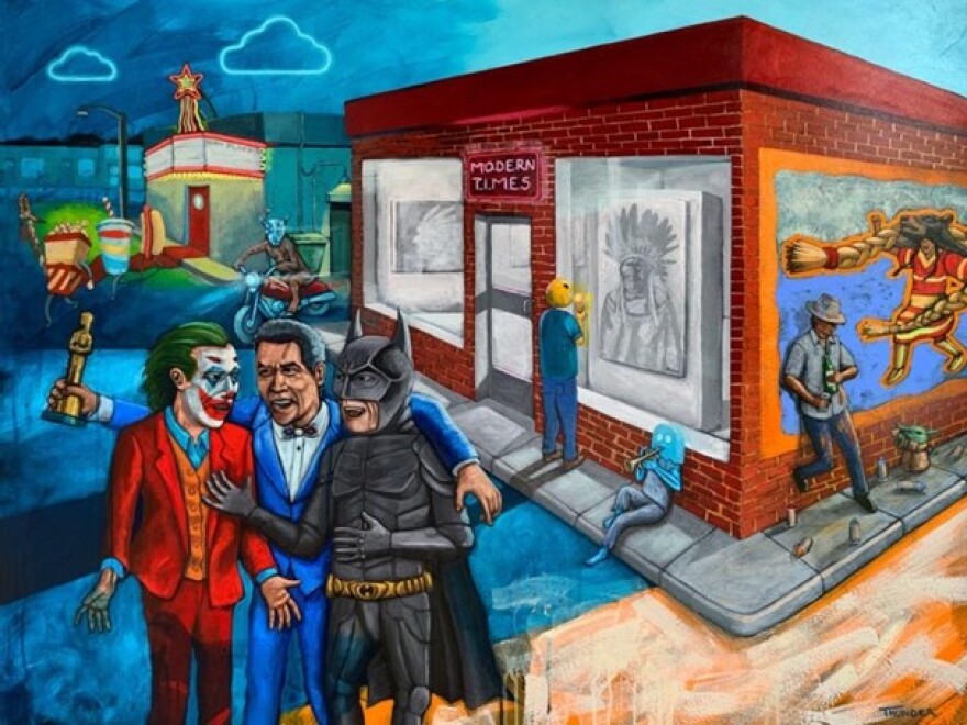 Colorful painting of Batman, the Joker, and others gathered outside near a street corner