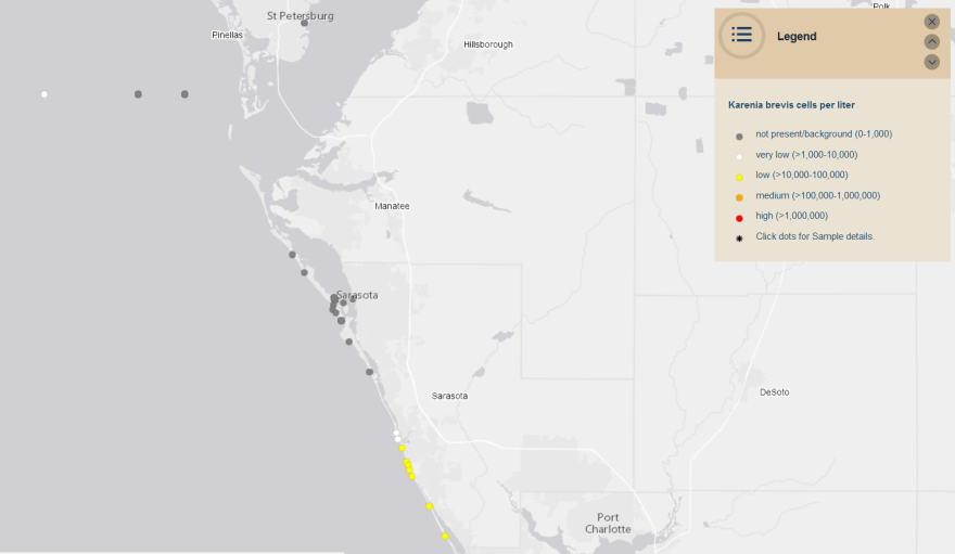 Map showing concentrations of karenia brevis off the Gulf coast.