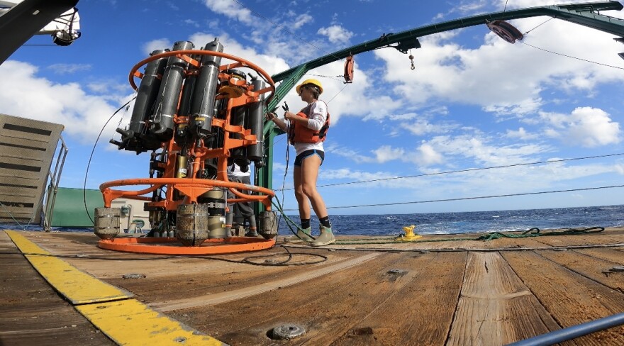A metal frame holds sensors capable of monitoring salinity, temperature and depths sits on the deck of a UM research ship before being lowered into the ocean in 2023.