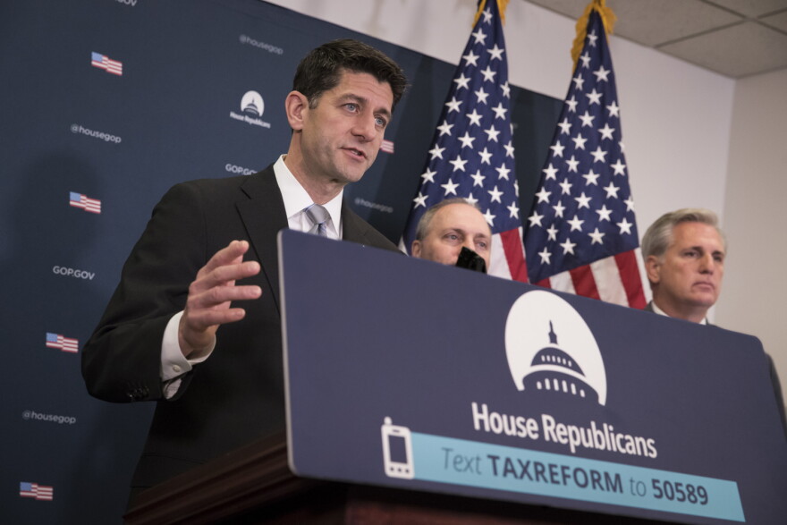 From left, Speaker of the House Paul Ryan, R-Wis., House Majority Whip Steve Scalise, R-La., and Majority Leader Kevin McCarthy, R-Calif., meet with reporters after House Republicans held a closed-door strategy session as the deadline looms to pass a spending bill to fund the government by week's end, on Capitol Hill in Washington, Tuesday, Dec. 5, 2017. (AP Photo/J. Scott Applewhite)