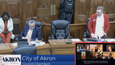 Akron City Councilmember Fran Wilson (right) discusses legislation they co-sponsored opposing several bills in the Ohio legislature about immigration enforcement.