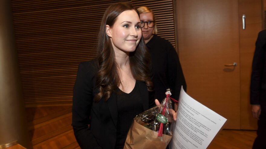 Sanna Marin celebrates after winning her party's prime minister nomination on Sunday. The 34-year-old will be Finland's third female government head.