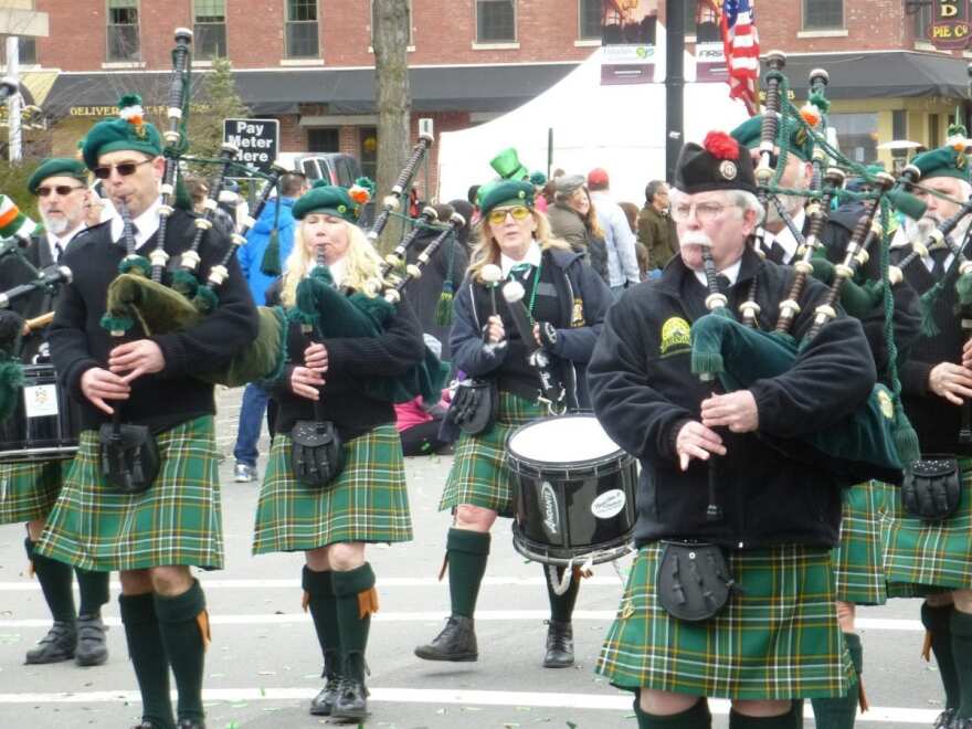 Bagpipe players march in the St. Patrick's Parade in Manchester.