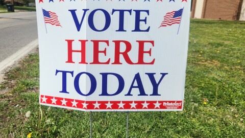 A Vote Here Today sign in Springfield, Mo. on April 7, 2026.