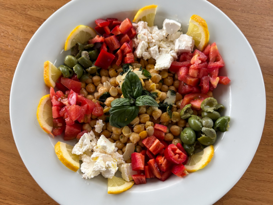 Chickpea “Greek” salad. (Kathy Gunst/Here & Now)