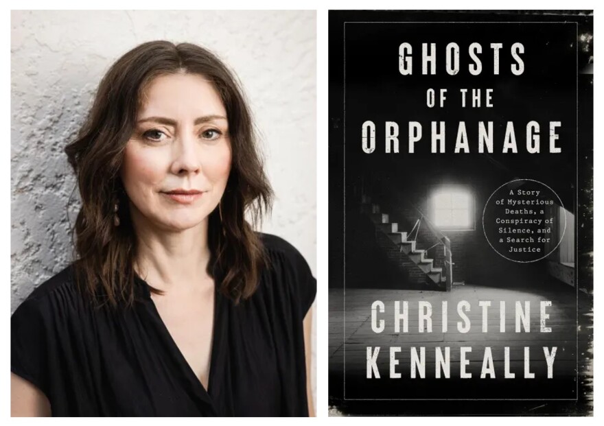 2 images: on the left, an author portrait of a woman with brown hair wearing a black short-sleeved top stands before a white stucco wall; to the right, the black and white cover of the book "Ghosts of the Orphanage' showing a sparse wood floor and staircase with a glowing white window set in a brick wall