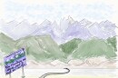 A cartoon of several mountains in a mountain range say foreboding things to hikers who would attempt to scale them.