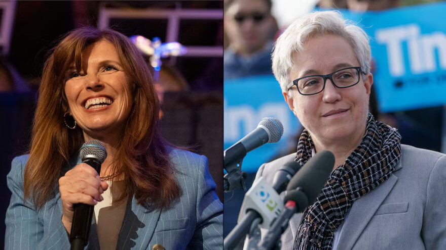 Left: Christine Drazan at her election night party on Tuesday, May 19, 2026. Right: Gov. Tina Kotek at her victory announcement Nov. 10, 2022.