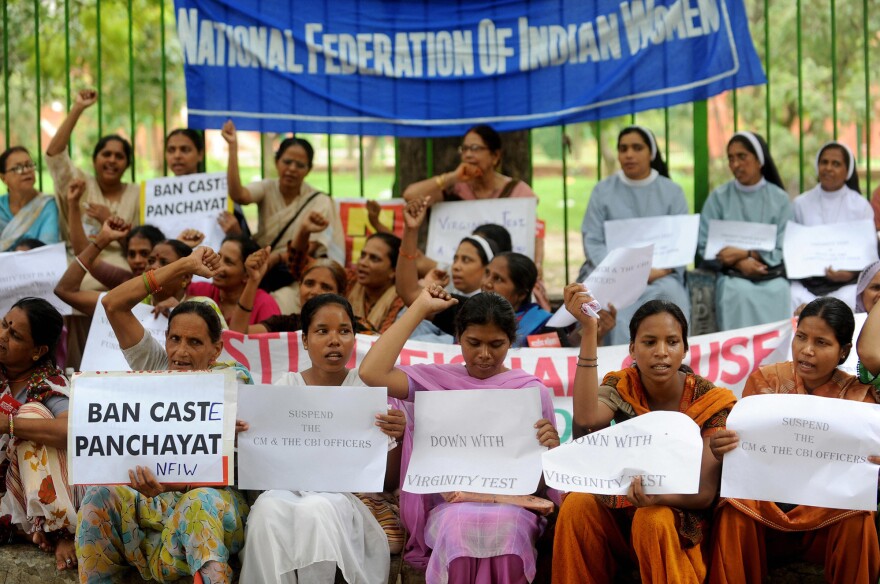 Activists in India protest against virginity tests in the states of Madhya Pradesh and Kerala in 2009.