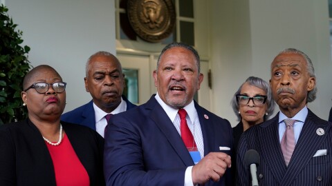 FILE - Marc Morial, center, President and Chief Executive Officer of the National Urban League, talks with reporters outside the West Wing of the White House in Washington, July 8, 2021, following a meeting with President Joe Biden and leadership of top civil rights organizations. (AP Photo/Susan Walsh, File)