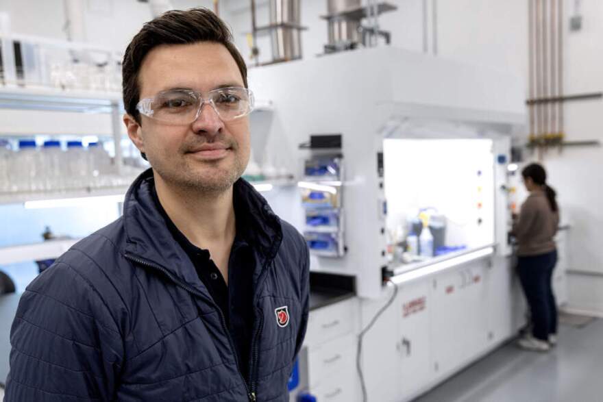Dr. Branko Zugic, CTO of Lydian, at the company's laboratory in Charlestown, MA.  (Robin Lubbock/WBUR)