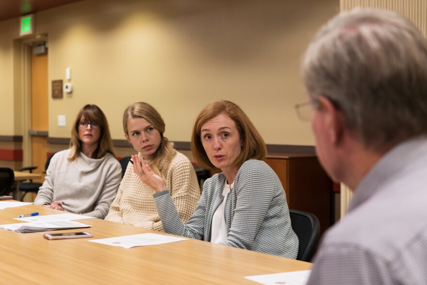 Left to right, at a meeting of the coalition: Jacquelyn Clark, co-owner of the Bristlecone Shooting, Training, & Retail Center in Lakewood, Colo.; Sarah Hershman, a medical student at the University of Colorado; Betz and Dick Abramson, owner of the Centennial Gun Club.