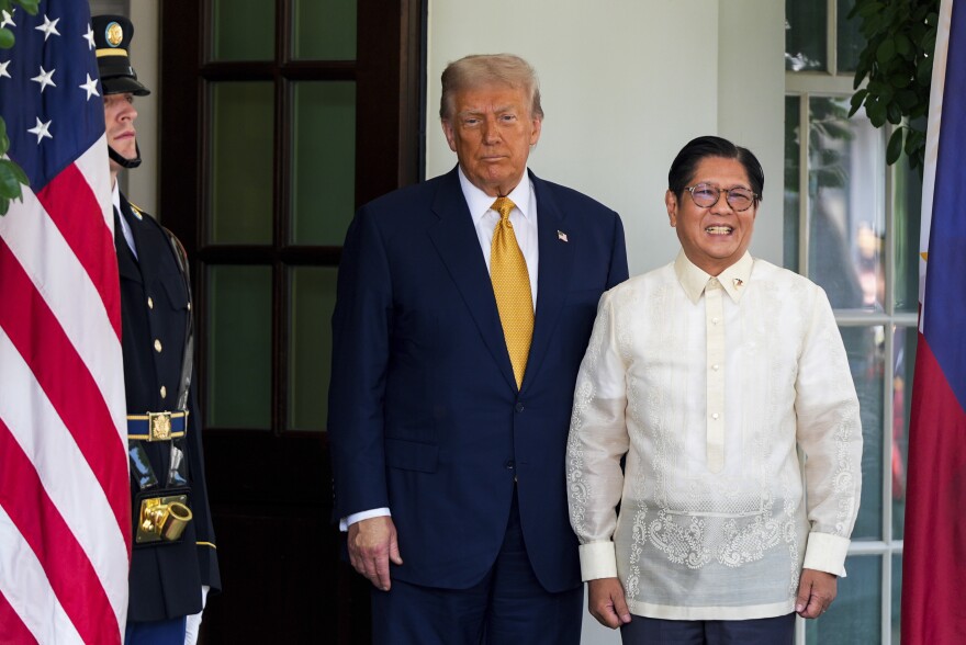 FILE — President Donald Trump greets Philippine President Ferdinand Marcos Jr. at the White House, Tuesday, July 22, 2025, in Washington.