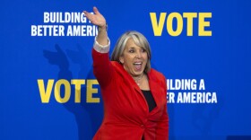 New Mexico Gov. Michelle Lujan Grisham waves to supporters during a campaign rally in Albuquerque, N.M., Thursday, Nov. 3, 2022 (AP Photo/Andres Leighton)