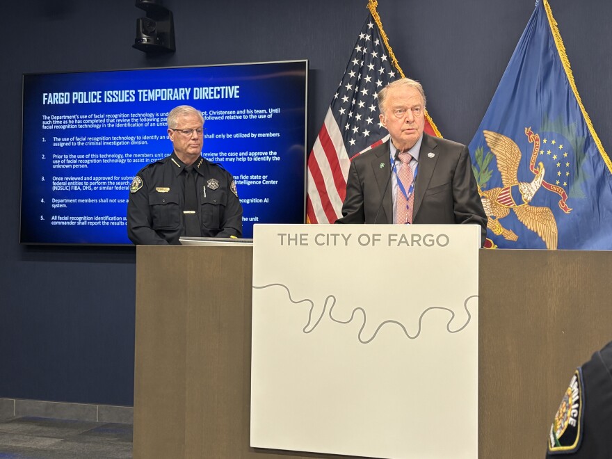 Fargo Police Chief Dave Zibolski and Mayor Tim Mahoney address reporters.