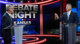 Republican Sen. Roger Marshall, right, and Democratic nominee for U.S. Senate Adam Hamilton participate in a debate in Kansas City, Mo., Wednesday, Oct. 21, 2026. (AP Photo/Charlie Riedel, Pool)