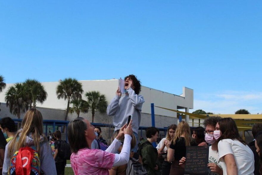  High school senior Zander Moricz, seen here leading a walk-out at Pine View School in Sarasota County in early March 2022, is among the plaintiffs in a lawsuit against the state and its Parental Rights in Education Law.