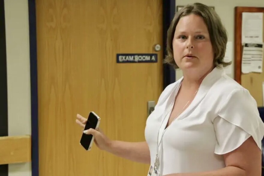 Administrator Sarah Breshears leads a tour of the Talihina Veterans Center, July 25, 2023. The center includes a complete hospital with a resident physician, pharmacist, physical therapists and nursing staff. It also includes amenities such as a fitness room, finishing pond, auditorium, snack shop and smoking courtyard.
