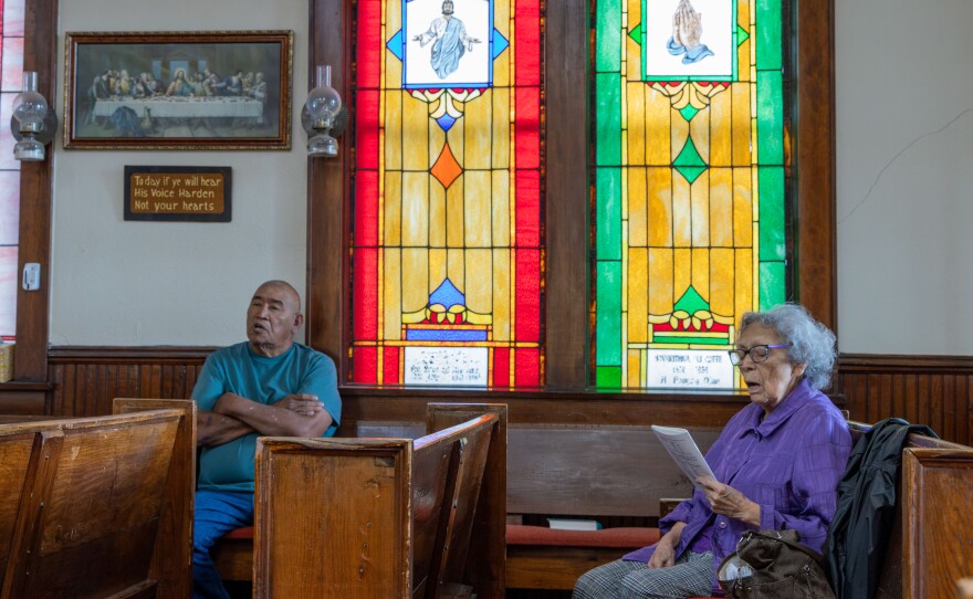 Labert Tahah and Mable Ann Blalock attend church at the Deyo Mission on May 25, 2025.