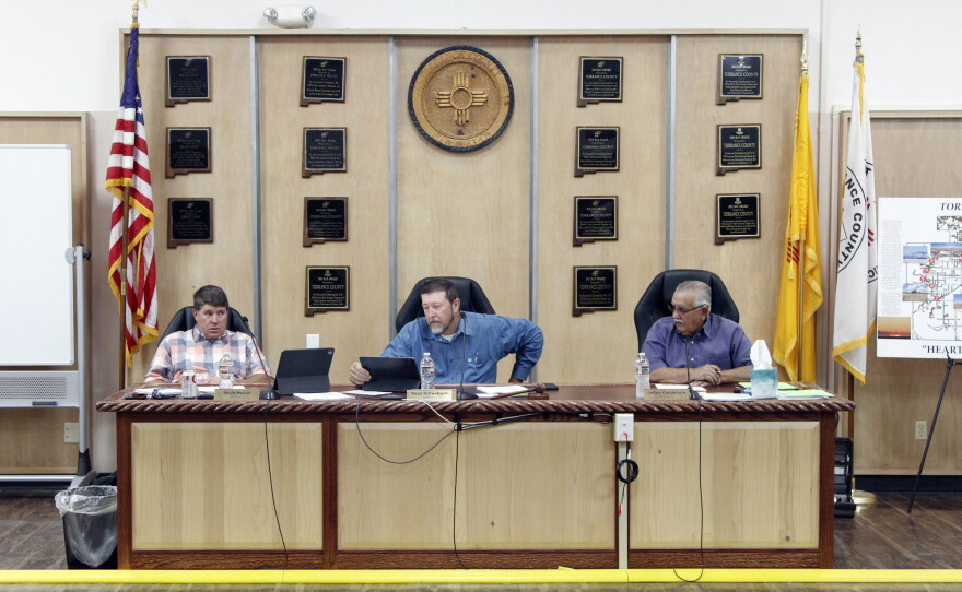 The Torrance County Board of Commissioners gathers in Estancia, N.M., Sept. 14 , 2022. Republican commissioners in the rural New Mexico county have tried everything they can think of to persuade voters that their elections are secure, and none of it seems to be working. They agreed to hand count ballots from the primary election, allowed the public to observe security testing of ballot machines and tasked their county manager with making sure those efforts ran smoothly. Still, many voters in Torrance County don’t trust voting machines or election results. (AP Photo/Morgan Lee)
