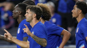 United States forward Christian Pulisic (10) celebrates with teammates after scoring during a friendly soccer match against the New Zealand, Tuesday, Sept. 10, 2024, in Cincinnati.