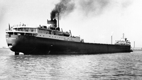 FILE - The Fitzgerald in a 1959 file photo, with a crew of 28 to 30 men, was carrying a load of 26,216 tons of taconite pellets.