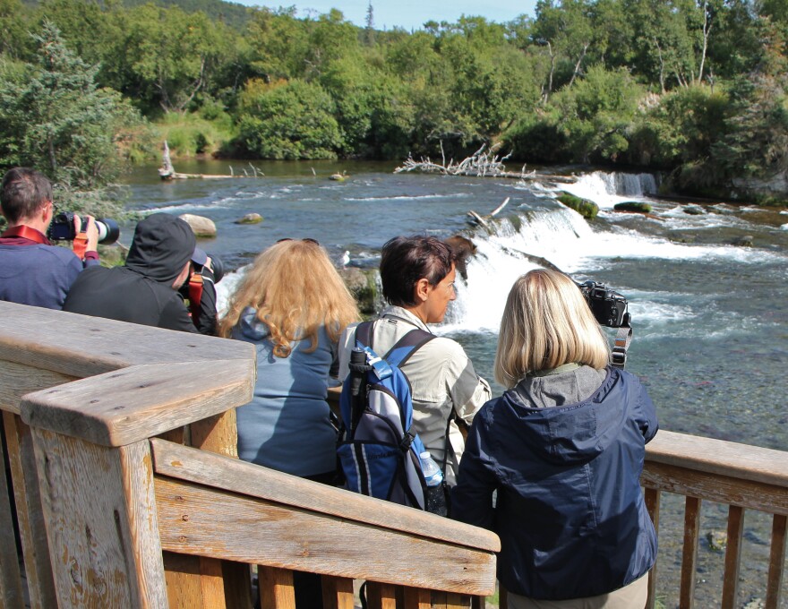 People at a viewing platform at Brooks Falls. Aug. 17, 2019.