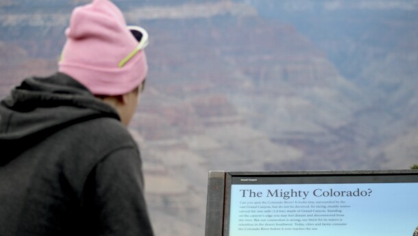 A person looks at a sign that reads "The mighty Colorado?" with a deep red rock canyon in the background.