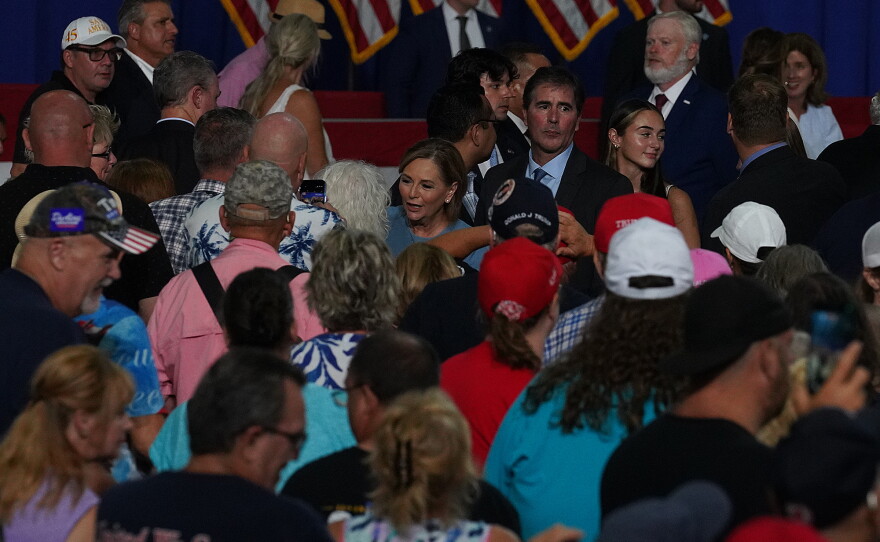 Sen. Darline Graham greets voters before President Donald Trump takes the stage at a rally with thousands of supporters at the Myrtle Beach Convention Center on Aug. 21, 2026.