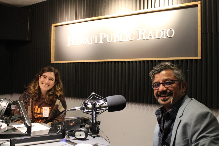 HPR's Maddie Bender, left, with Penn State Media Effects Research Lab co-director Shyam Sundar. (April 9, 2026)