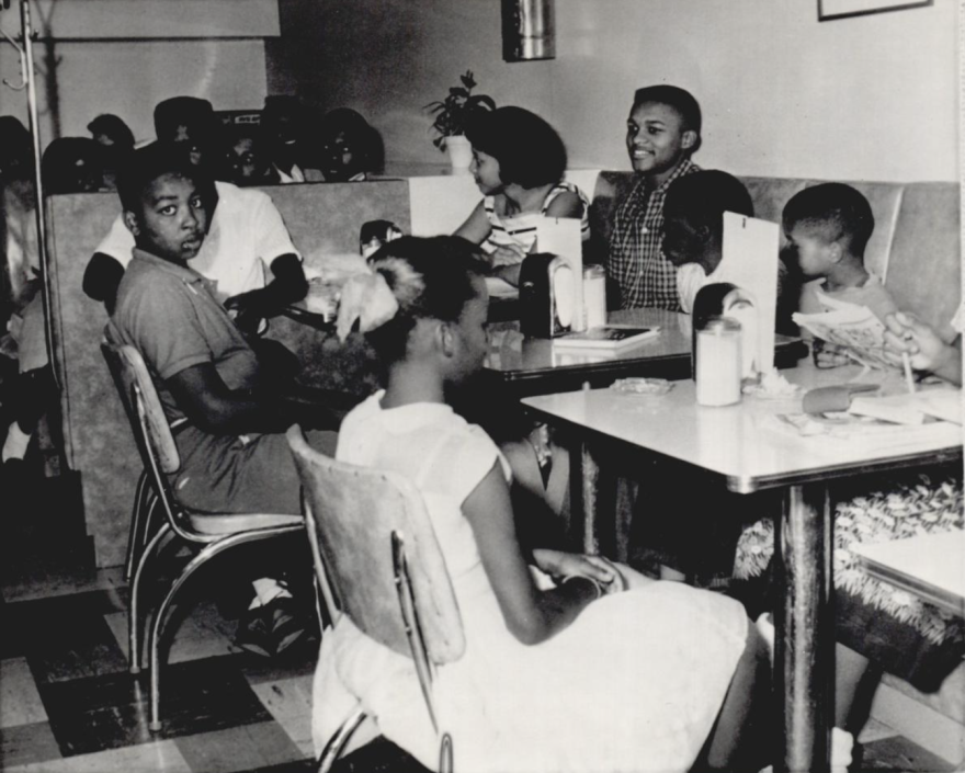 Black children stage a sit-in at Brown’s Department Store in an effort to desegregate restaurants in Oklahoma City on Aug. 25, 1958. 