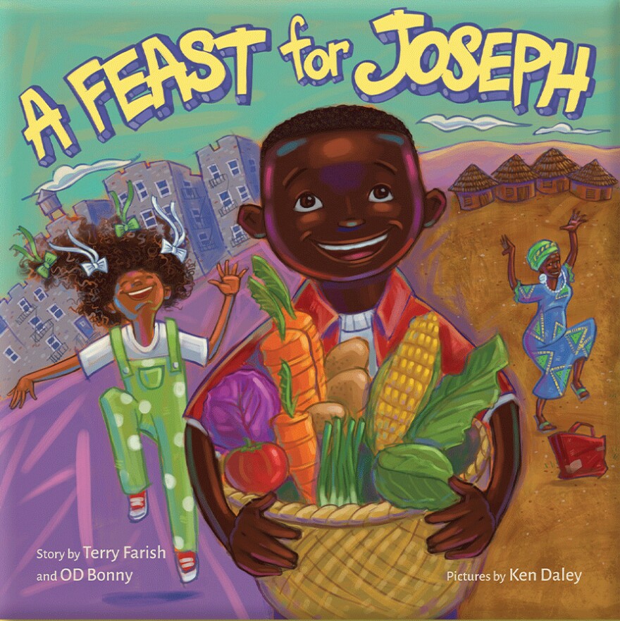 The cover of the book "A Feast for Joseph" shows colorful drawings of a young boy holding a basket of vegetables and behind him are a young girl and an older woman dancing.