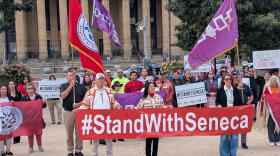 Leaders and members of the Seneca Nation held a rally in front of city hall.