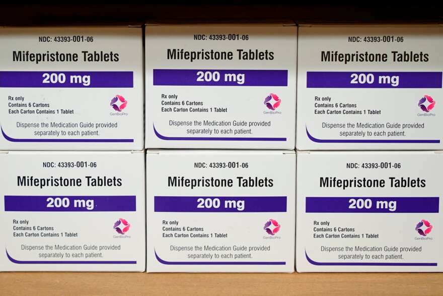 Boxes of the drug mifepristone sit on a shelf at the West Alabama Women&#39;s Center in Tuscaloosa, Ala., on March 16, 2022. Danco Laboratories is asking the Supreme Court to preserve access to its abortion pill free from restrictions imposed by lower court rulings, while a legal fight continues.