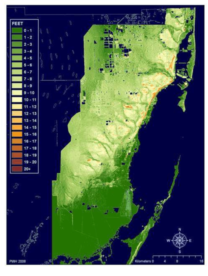 A topographic map created by former Florida International University researcher Peter Harlem shows the location of sloughs that cut through the rock ridge to coastal marshes called transverse glades. The glades helped deliver the sheet flow of freshwater to Biscayne Bay that helped feed towering stands of mangroves, seagrass meadows and oyster beds that helped maintain the famed gin clear waters.