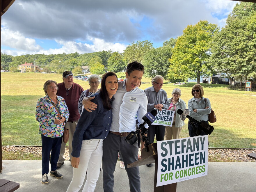 Christian Urrutia (center) endorsed former rival Stefany Shaheen in the Democratic primary for New Hampshire's 1st Congressional District at an event in Merrimack, Sunday, Sept. 6, 2026.