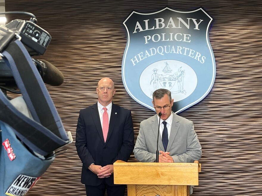 Albany Police Chief Brendan Cox addresses members of the media alongside Albany County District Attorney Lee Kindlon on Friday, July 10, 2026.