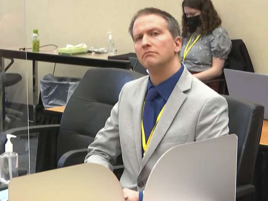 In this image from video, former Minneapolis police Officer Derek Chauvin listens as his defense attorney Eric Nelson gives closing arguments as Hennepin County Judge Peter Cahill preside Monday, April 19, 2021, in the trial of Chauvin at the Hennepin County Courthouse in Minneapolis. Chauvin is charged in the May 25, 2020 death of George Floyd. (Court TV via AP, Pool)